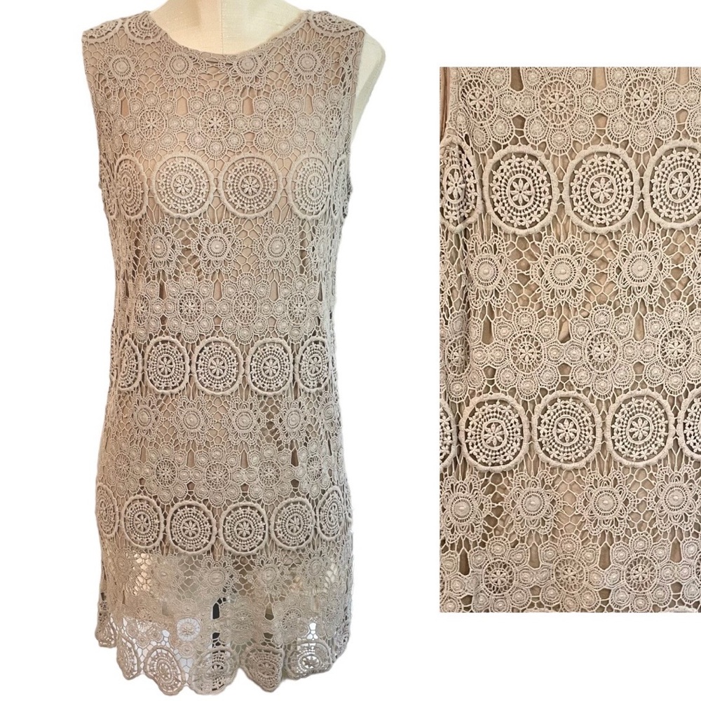 Stefanel Sleeveless Crochet Taupe Mini Dress Size Small